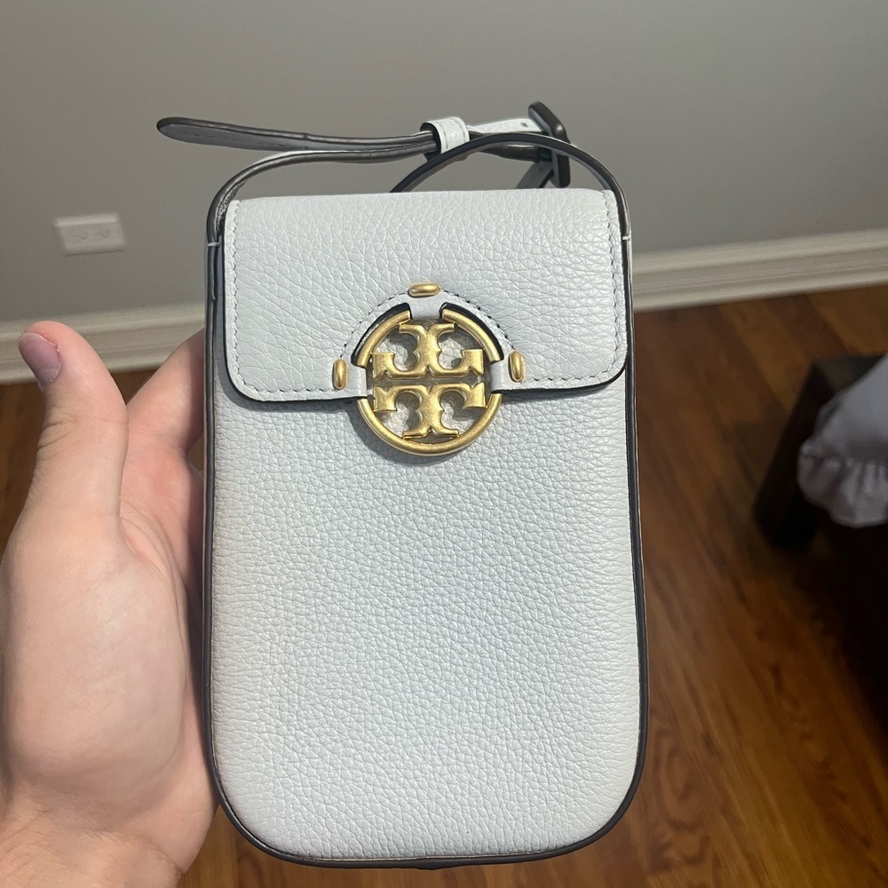 Tory Burch Gray Leather Phone Crossbody with Gold Logo